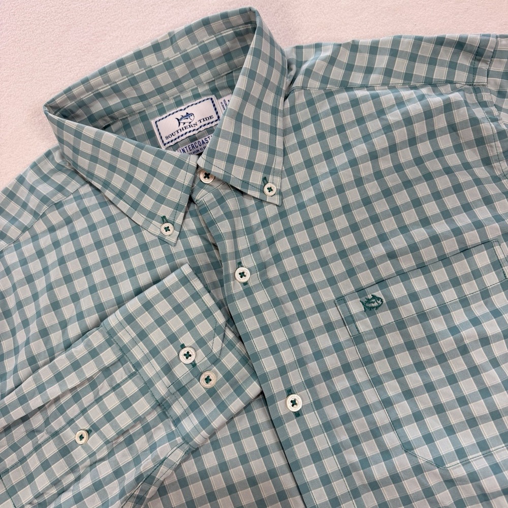 Southern Tide Intercoastal Plaid Shirt Medium Blue Performance Nylon Stretch